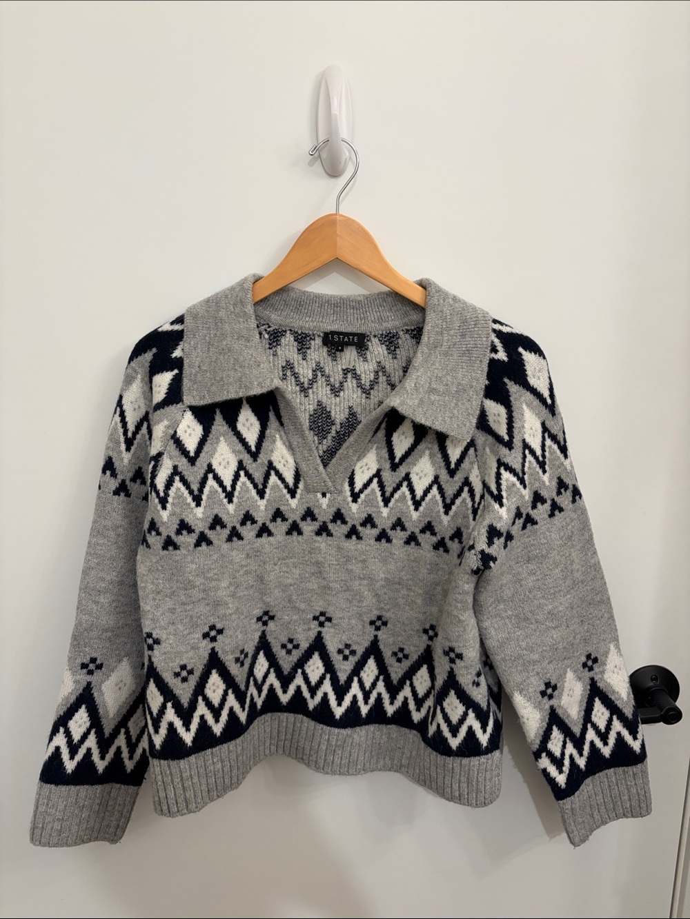 1. State Gray & Navy Blue Patterned V-Neck Collared, Cropped Sweater